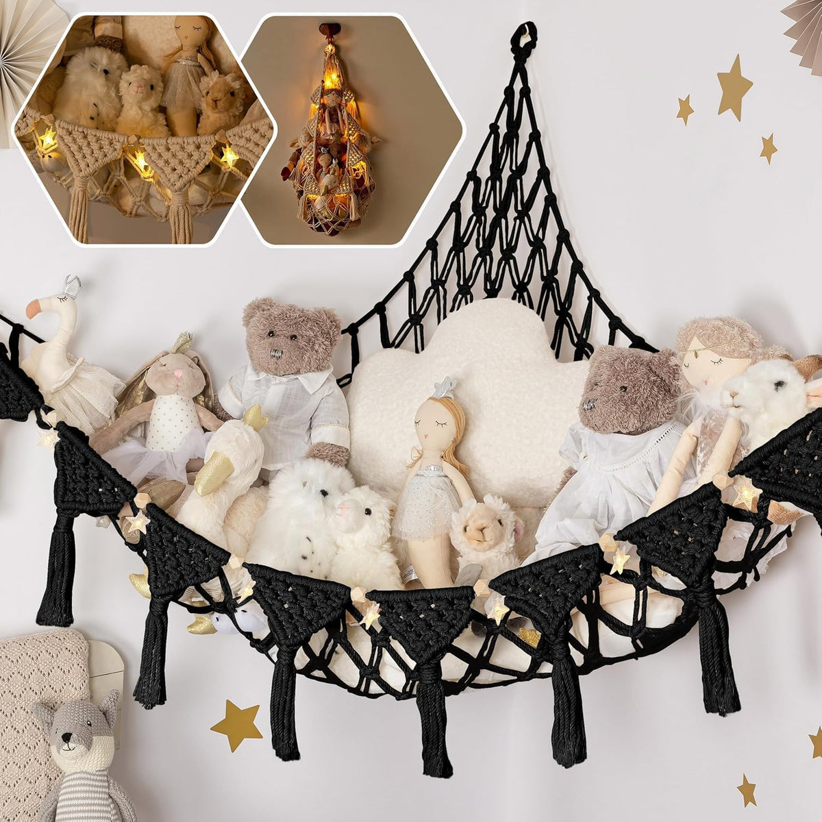 Stuffed Animal Hammock Corner | Sturdy Handcrafted Stuffed Animal Net | 4mm Double Macrame Cord Stuffed Animal Holder | Natural 100% Cotton Plushie Net | Toy Hammock w/LED Light (Ice Cream)