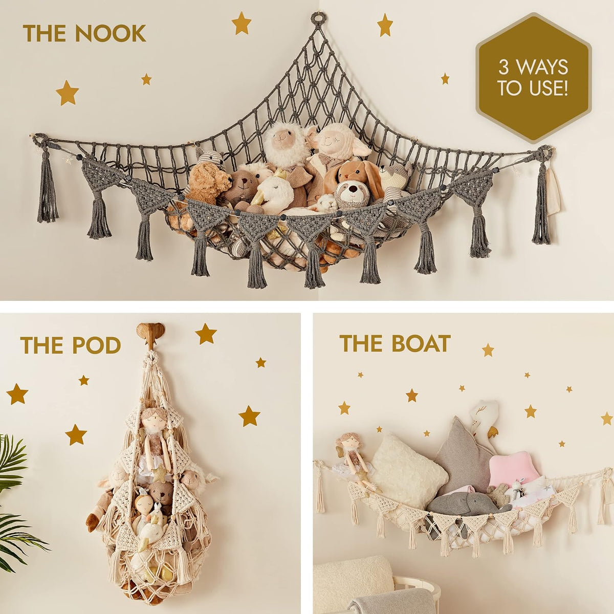 Stuffed Animal Hammock Corner | Sturdy Handcrafted Stuffed Animal Net | 4mm Double Macrame Cord Stuffed Animal Holder | Natural 100% Cotton Plushie Net | Toy Hammock w/LED Light (Ice Cream)