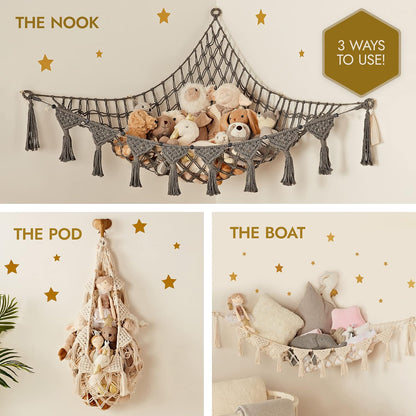 Stuffed Animal Hammock Corner | Sturdy Handcrafted Stuffed Animal Net | 4mm Double Macrame Cord Stuffed Animal Holder | Natural 100% Cotton Plushie Net | Toy Hammock w/LED Light (Ice Cream)