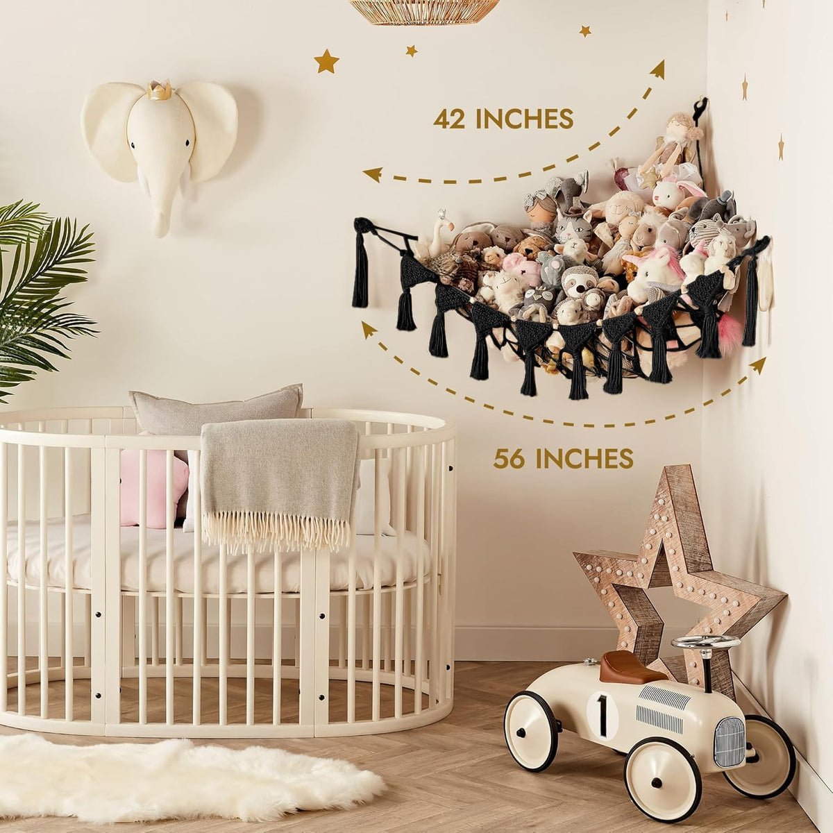 Stuffed Animal Hammock Corner | Sturdy Handcrafted Stuffed Animal Net | 4mm Double Macrame Cord Stuffed Animal Holder | Natural 100% Cotton Plushie Net | Toy Hammock w/LED Light (Ice Cream)