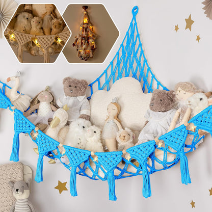 Stuffed Animal Hammock Corner | Sturdy Handcrafted Stuffed Animal Net | 4mm Double Macrame Cord Stuffed Animal Holder | Natural 100% Cotton Plushie Net | Toy Hammock w/LED Light (Ice Cream)