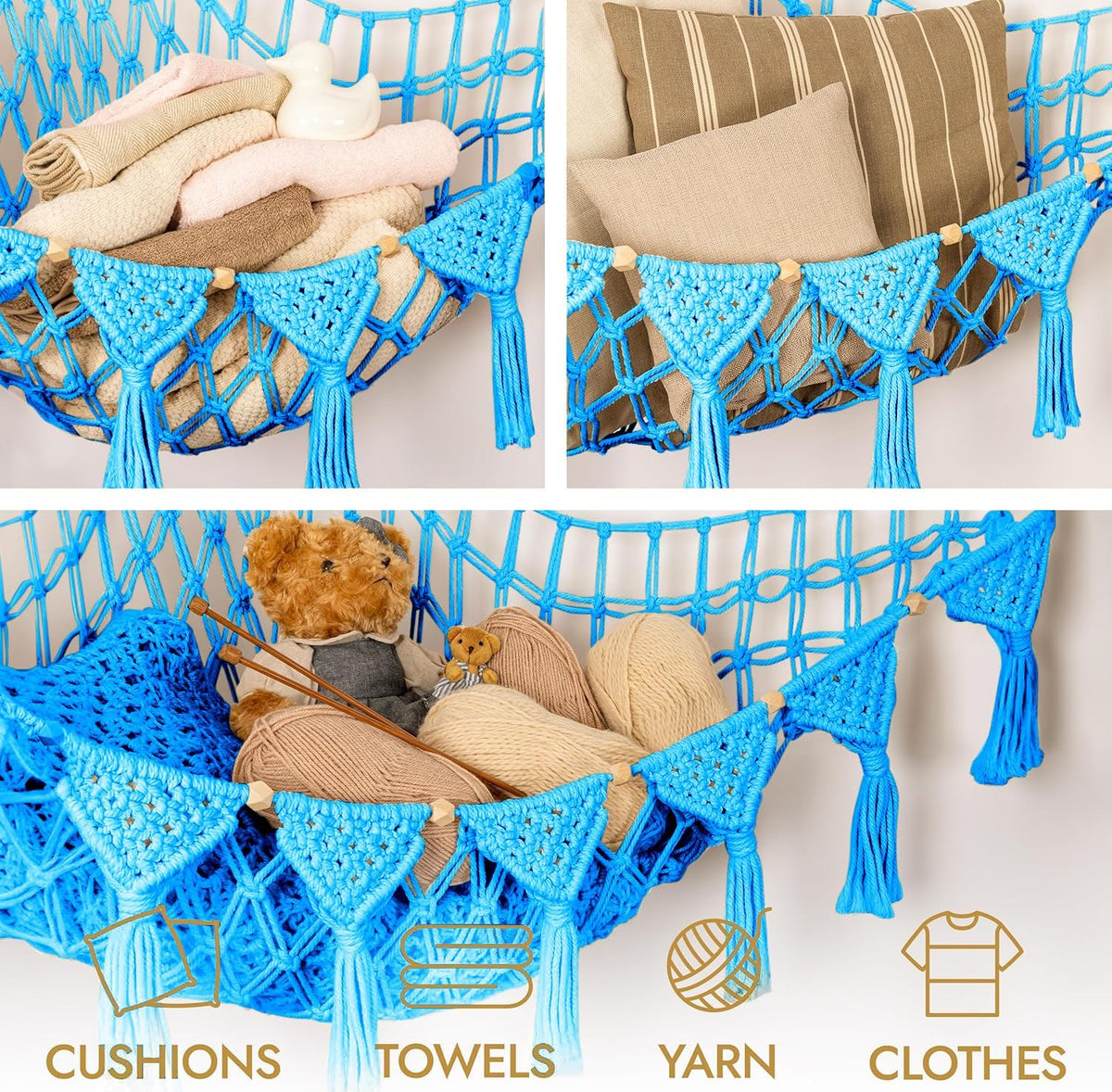 Stuffed Animal Hammock Corner | Sturdy Handcrafted Stuffed Animal Net | 4mm Double Macrame Cord Stuffed Animal Holder | Natural 100% Cotton Plushie Net | Toy Hammock w/LED Light (Ice Cream)