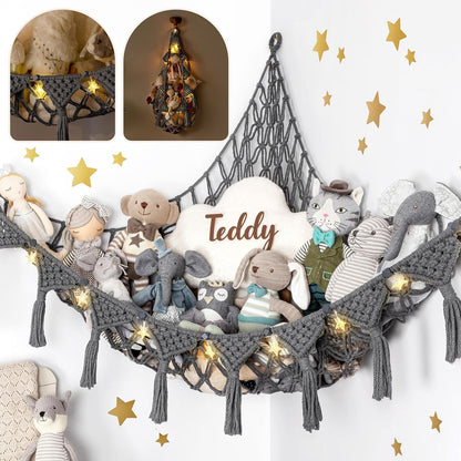 Stuffed Animal Hammock Corner | Sturdy Handcrafted Stuffed Animal Net | 4mm Double Macrame Cord Stuffed Animal Holder | Natural 100% Cotton Plushie Net | Toy Hammock w/LED Light (Ice Cream)