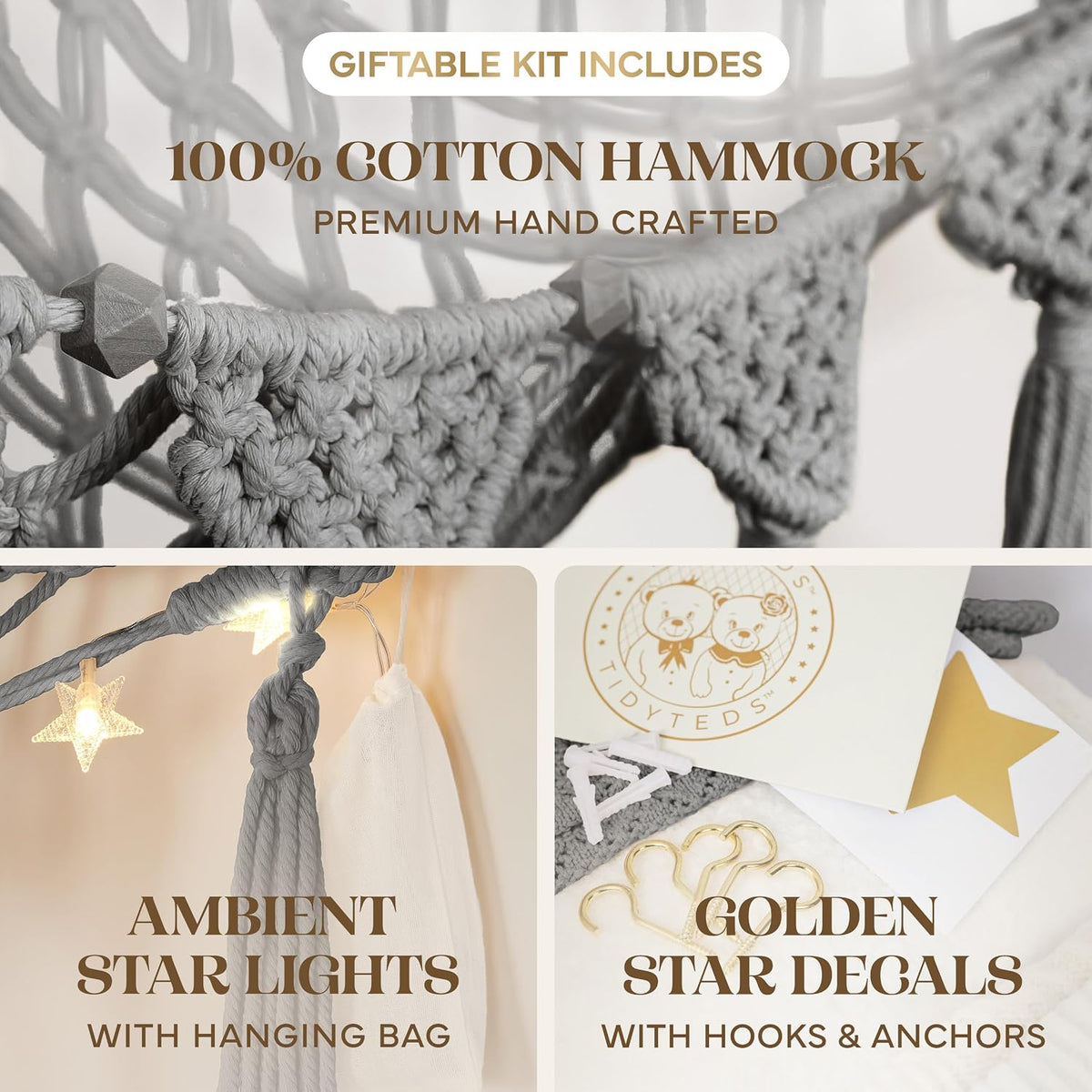 Stuffed Animal Hammock Corner | Sturdy Handcrafted Stuffed Animal Net | 4mm Double Macrame Cord Stuffed Animal Holder | Natural 100% Cotton Plushie Net | Toy Hammock w/LED Light (Ice Cream)