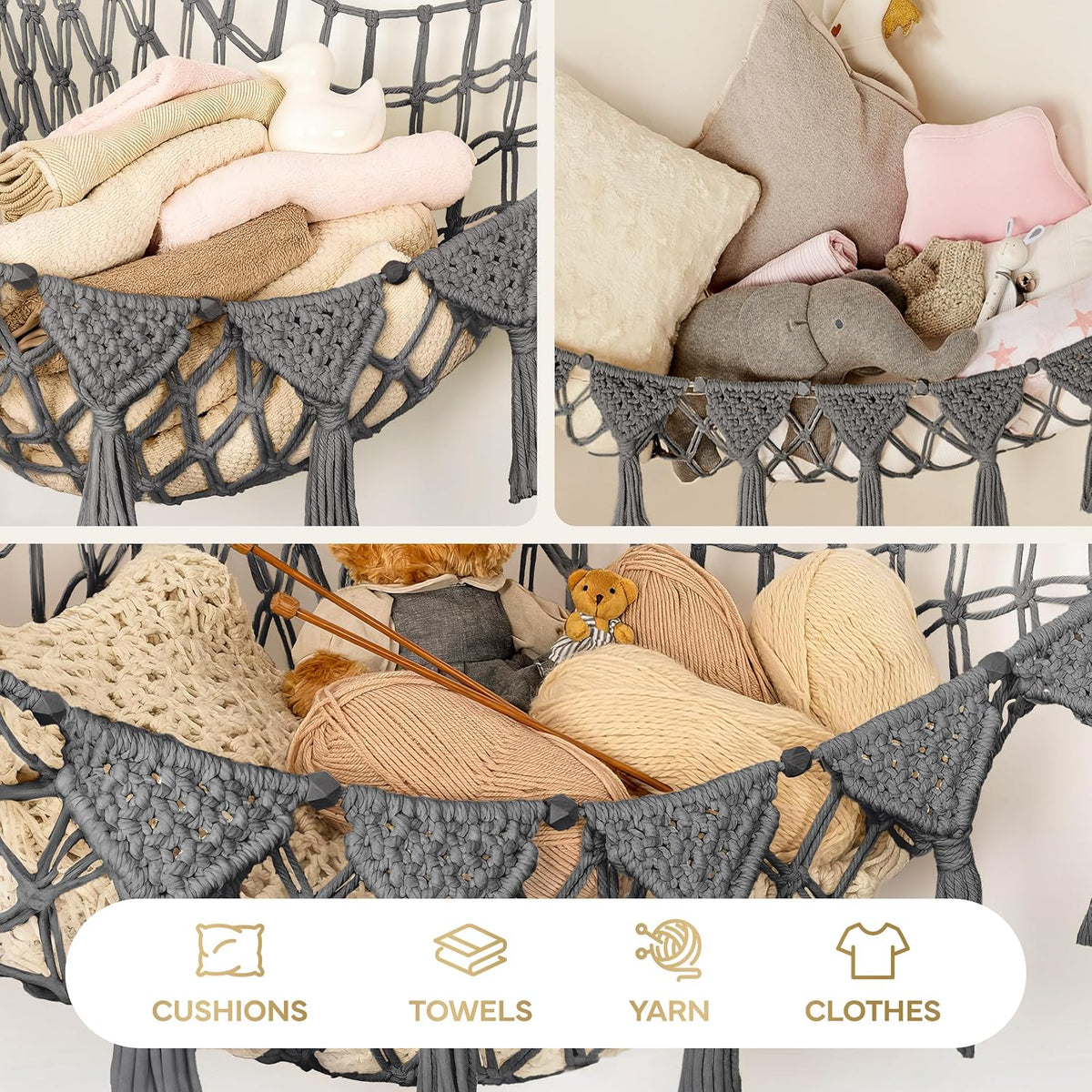 Stuffed Animal Hammock Corner | Sturdy Handcrafted Stuffed Animal Net | 4mm Double Macrame Cord Stuffed Animal Holder | Natural 100% Cotton Plushie Net | Toy Hammock w/LED Light (Ice Cream)
