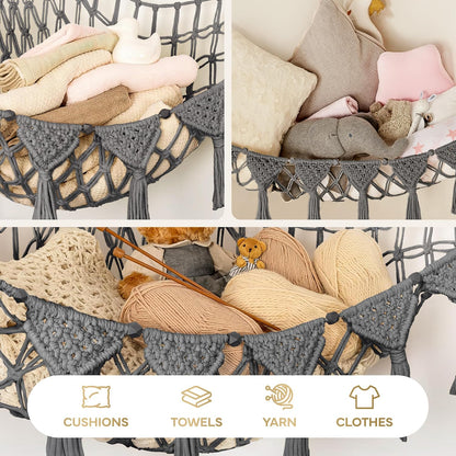 Stuffed Animal Hammock Corner | Sturdy Handcrafted Stuffed Animal Net | 4mm Double Macrame Cord Stuffed Animal Holder | Natural 100% Cotton Plushie Net | Toy Hammock w/LED Light (Ice Cream)