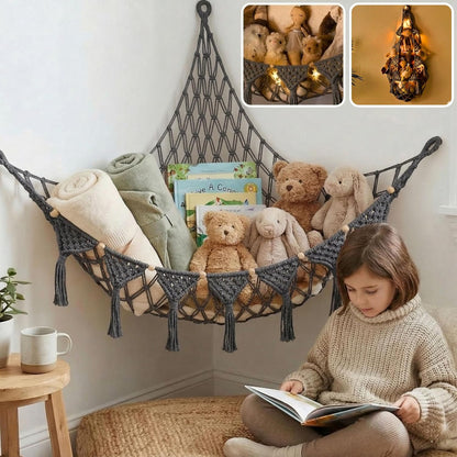 Stuffed Animal Hammock Corner | Sturdy Handcrafted Stuffed Animal Net | 4mm Double Macrame Cord Stuffed Animal Holder | Natural 100% Cotton Plushie Net | Toy Hammock w/LED Light (Ice Cream)