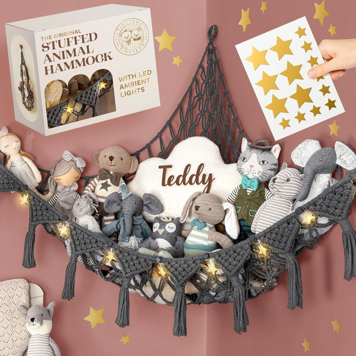 Stuffed Animal Hammock Corner | Sturdy Handcrafted Stuffed Animal Net | 4mm Double Macrame Cord Stuffed Animal Holder | Natural 100% Cotton Plushie Net | Toy Hammock w/LED Light (Ice Cream)