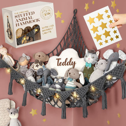 Stuffed Animal Hammock Corner | Sturdy Handcrafted Stuffed Animal Net | 4mm Double Macrame Cord Stuffed Animal Holder | Natural 100% Cotton Plushie Net | Toy Hammock w/LED Light (Ice Cream)