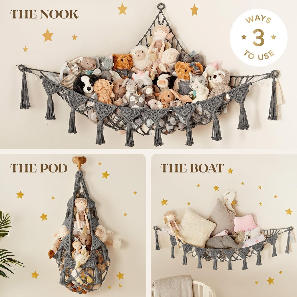 Stuffed Animal Hammock Corner | Sturdy Handcrafted Stuffed Animal Net | 4mm Double Macrame Cord Stuffed Animal Holder | Natural 100% Cotton Plushie Net | Toy Hammock w/LED Light (Ice Cream)