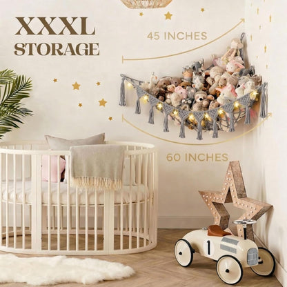 Stuffed Animal Hammock Corner | Sturdy Handcrafted Stuffed Animal Net | 4mm Double Macrame Cord Stuffed Animal Holder | Natural 100% Cotton Plushie Net | Toy Hammock w/LED Light (Ice Cream)