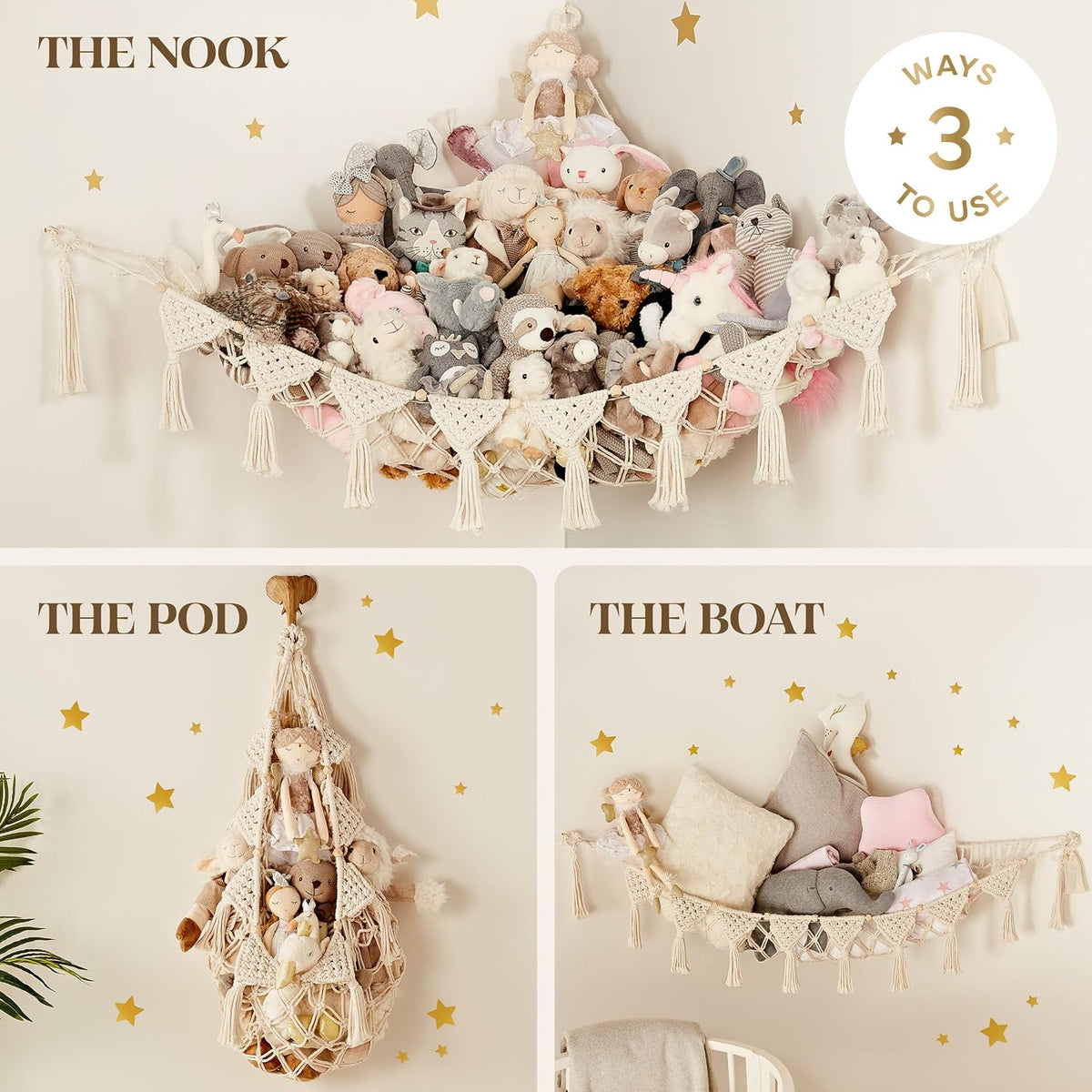 Stuffed Animal Hammock Corner | Sturdy Handcrafted Stuffed Animal Net | 4mm Double Macrame Cord Stuffed Animal Holder | Natural 100% Cotton Plushie Net | Toy Hammock w/LED Light (Ice Cream)