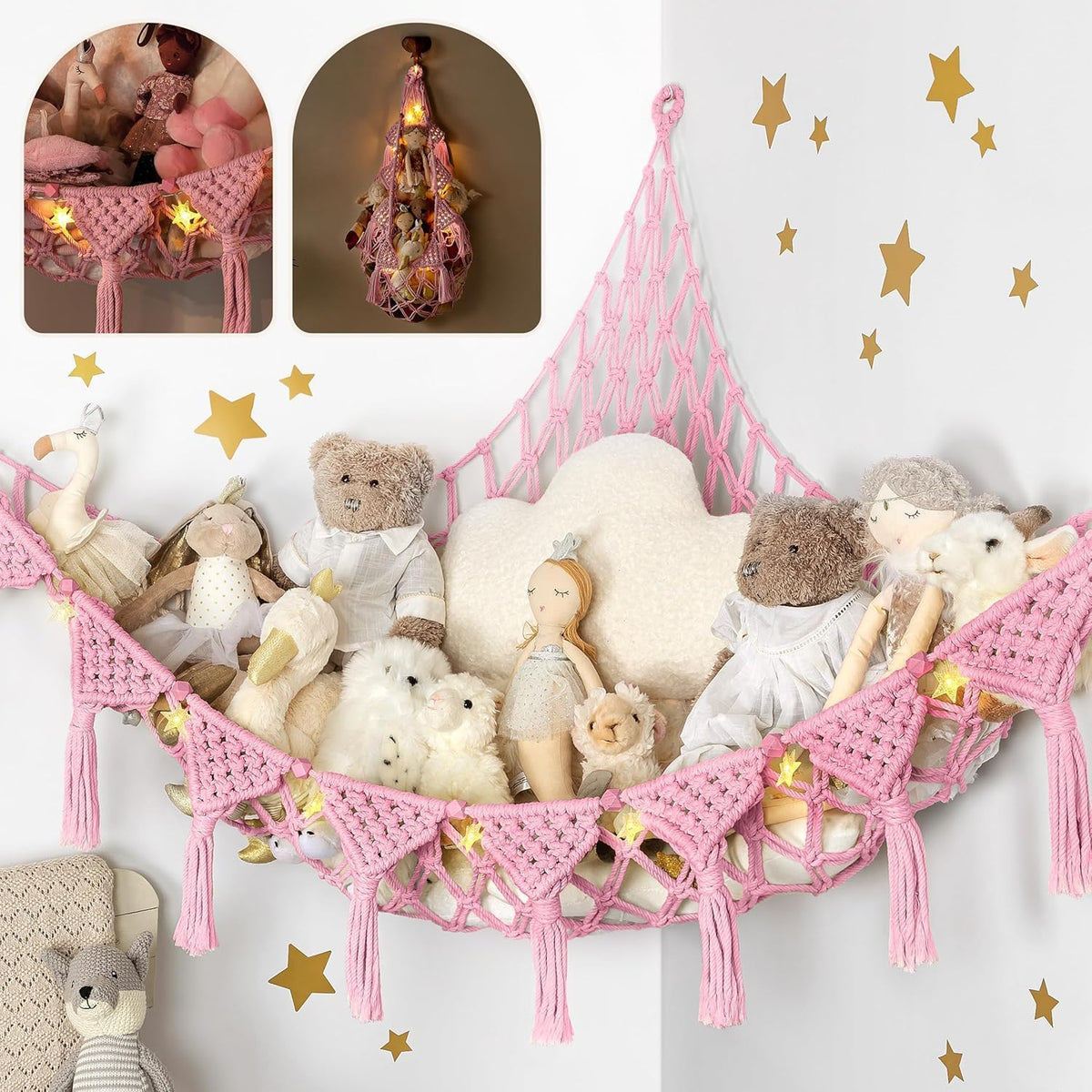 Stuffed Animal Hammock Corner | Sturdy Handcrafted Stuffed Animal Net | 4mm Double Macrame Cord Stuffed Animal Holder | Natural 100% Cotton Plushie Net | Toy Hammock w/LED Light (Ice Cream)