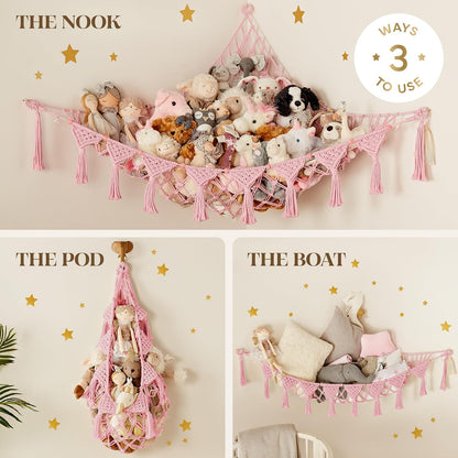 Stuffed Animal Hammock Corner | Sturdy Handcrafted Stuffed Animal Net | 4mm Double Macrame Cord Stuffed Animal Holder | Natural 100% Cotton Plushie Net | Toy Hammock w/LED Light (Ice Cream)