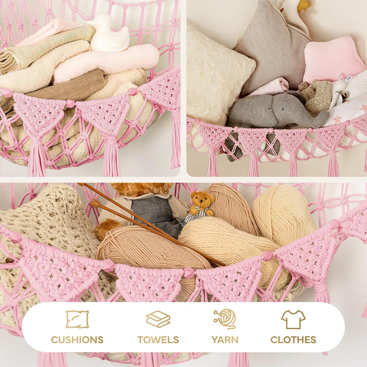 Stuffed Animal Hammock Corner | Sturdy Handcrafted Stuffed Animal Net | 4mm Double Macrame Cord Stuffed Animal Holder | Natural 100% Cotton Plushie Net | Toy Hammock w/LED Light (Ice Cream)