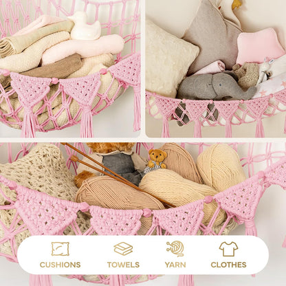 Stuffed Animal Hammock Corner | Sturdy Handcrafted Stuffed Animal Net | 4mm Double Macrame Cord Stuffed Animal Holder | Natural 100% Cotton Plushie Net | Toy Hammock w/LED Light (Ice Cream)