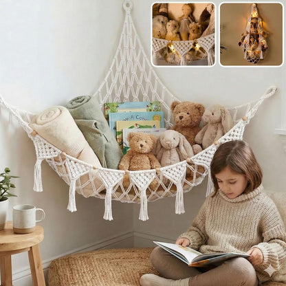 Stuffed Animal Hammock Corner | Sturdy Handcrafted Stuffed Animal Net | 4mm Double Macrame Cord Stuffed Animal Holder | Natural 100% Cotton Plushie Net | Toy Hammock w/LED Light (Ice Cream)