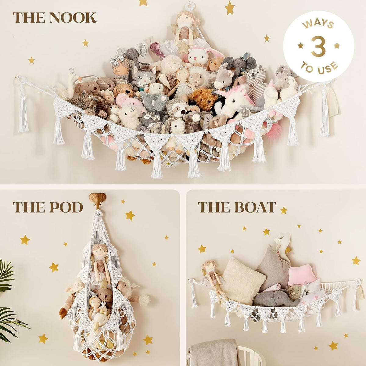 Stuffed Animal Hammock Corner | Sturdy Handcrafted Stuffed Animal Net | 4mm Double Macrame Cord Stuffed Animal Holder | Natural 100% Cotton Plushie Net | Toy Hammock w/LED Light (Ice Cream)