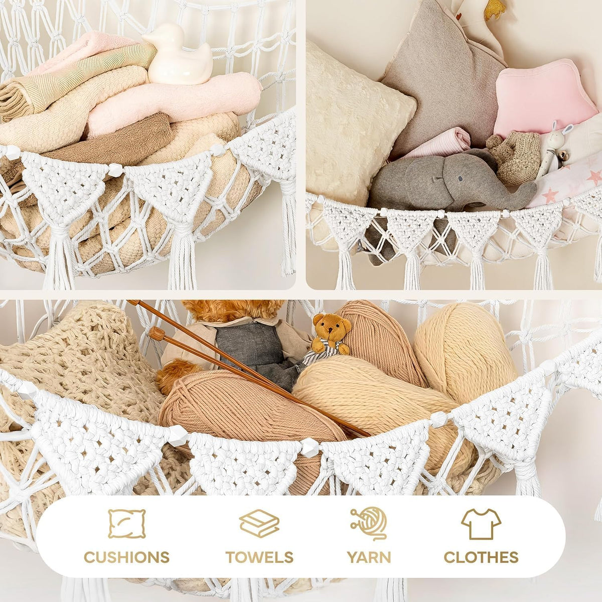 Stuffed Animal Hammock Corner | Sturdy Handcrafted Stuffed Animal Net | 4mm Double Macrame Cord Stuffed Animal Holder | Natural 100% Cotton Plushie Net | Toy Hammock w/LED Light (Ice Cream)