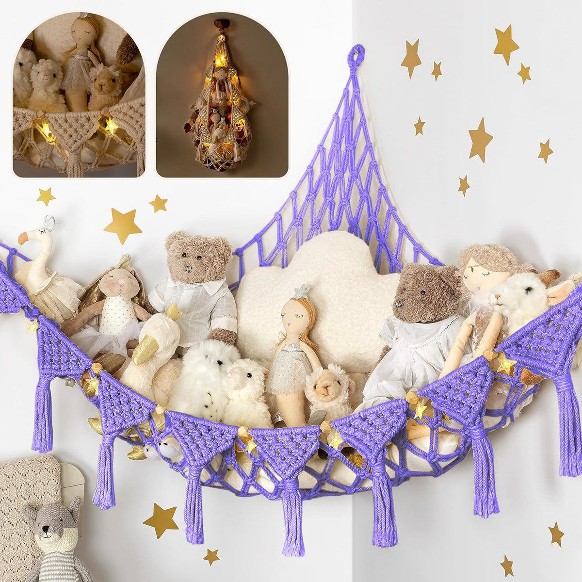 Stuffed Animal Hammock Corner | Sturdy Handcrafted Stuffed Animal Net | 4mm Double Macrame Cord Stuffed Animal Holder | Natural 100% Cotton Plushie Net | Toy Hammock w/LED Light (Ice Cream)