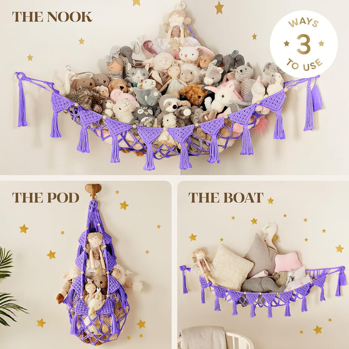 Stuffed Animal Hammock Corner | Sturdy Handcrafted Stuffed Animal Net | 4mm Double Macrame Cord Stuffed Animal Holder | Natural 100% Cotton Plushie Net | Toy Hammock w/LED Light (Ice Cream)