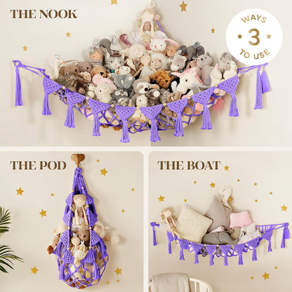 Stuffed Animal Hammock Corner | Sturdy Handcrafted Stuffed Animal Net | 4mm Double Macrame Cord Stuffed Animal Holder | Natural 100% Cotton Plushie Net | Toy Hammock w/LED Light (Ice Cream)