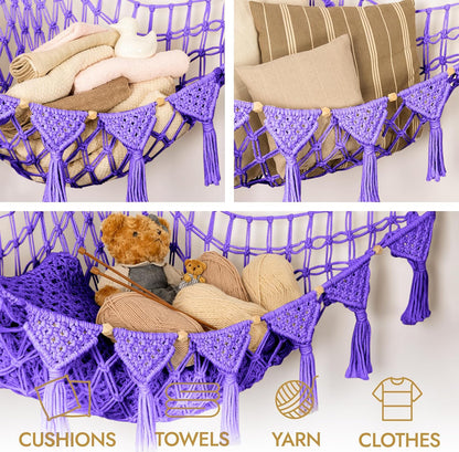 Stuffed Animal Hammock Corner | Sturdy Handcrafted Stuffed Animal Net | 4mm Double Macrame Cord Stuffed Animal Holder | Natural 100% Cotton Plushie Net | Toy Hammock w/LED Light (Ice Cream)
