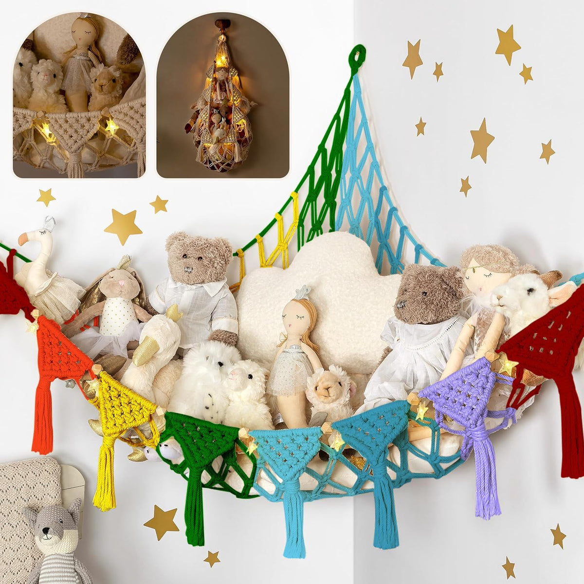 Stuffed Animal Hammock Corner | Sturdy Handcrafted Stuffed Animal Net | 4mm Double Macrame Cord Stuffed Animal Holder | Natural 100% Cotton Plushie Net | Toy Hammock w/LED Light (Ice Cream)
