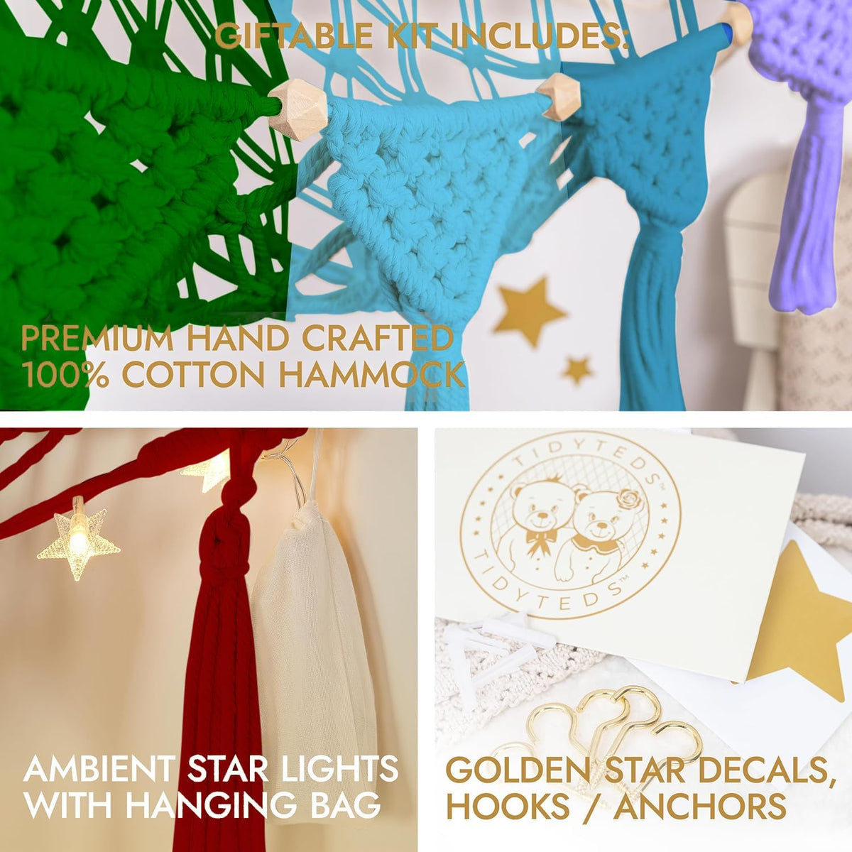 Stuffed Animal Hammock Corner | Sturdy Handcrafted Stuffed Animal Net | 4mm Double Macrame Cord Stuffed Animal Holder | Natural 100% Cotton Plushie Net | Toy Hammock w/LED Light (Ice Cream)