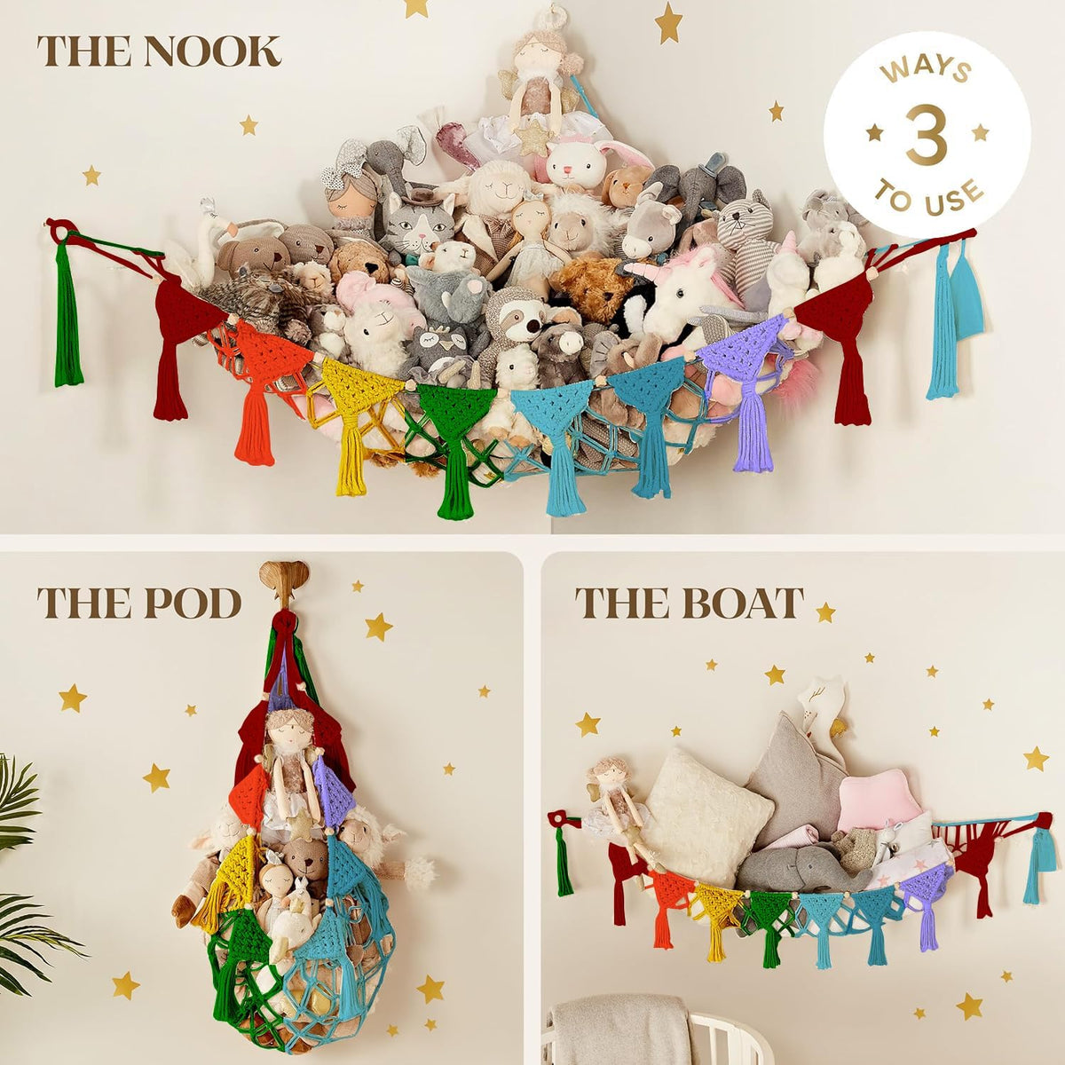 Stuffed Animal Hammock Corner | Sturdy Handcrafted Stuffed Animal Net | 4mm Double Macrame Cord Stuffed Animal Holder | Natural 100% Cotton Plushie Net | Toy Hammock w/LED Light (Ice Cream)