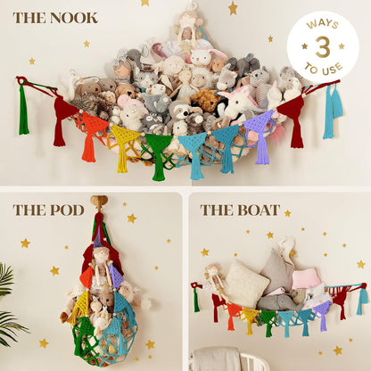 Stuffed Animal Hammock Corner | Sturdy Handcrafted Stuffed Animal Net | 4mm Double Macrame Cord Stuffed Animal Holder | Natural 100% Cotton Plushie Net | Toy Hammock w/LED Light (Ice Cream)