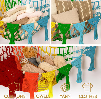 Stuffed Animal Hammock Corner | Sturdy Handcrafted Stuffed Animal Net | 4mm Double Macrame Cord Stuffed Animal Holder | Natural 100% Cotton Plushie Net | Toy Hammock w/LED Light (Ice Cream)