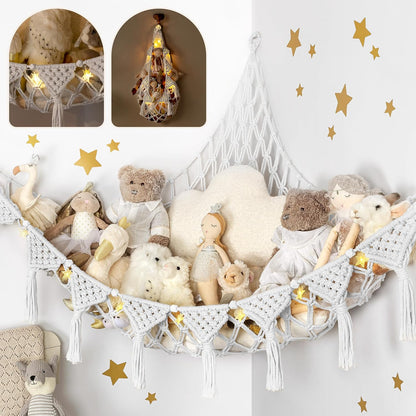 Stuffed Animal Hammock Corner | Sturdy Handcrafted Stuffed Animal Net | 4mm Double Macrame Cord Stuffed Animal Holder | Natural 100% Cotton Plushie Net | Toy Hammock w/LED Light (Ice Cream)
