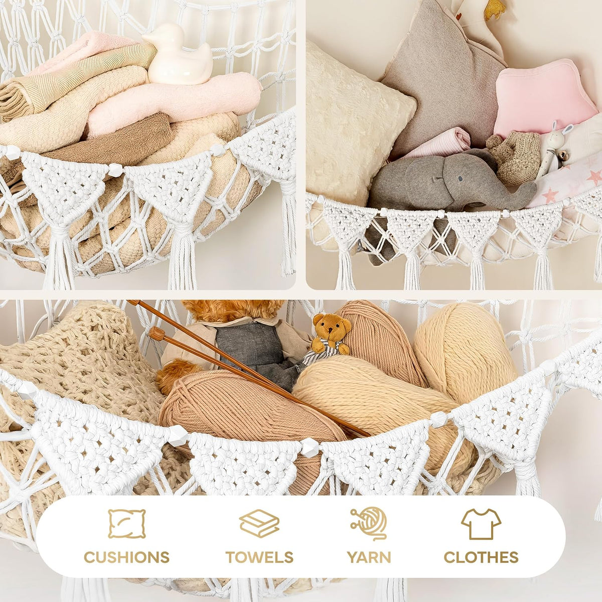 Stuffed Animal Hammock Corner | Sturdy Handcrafted Stuffed Animal Net | 4mm Double Macrame Cord Stuffed Animal Holder | Natural 100% Cotton Plushie Net | Toy Hammock w/LED Light (Ice Cream)