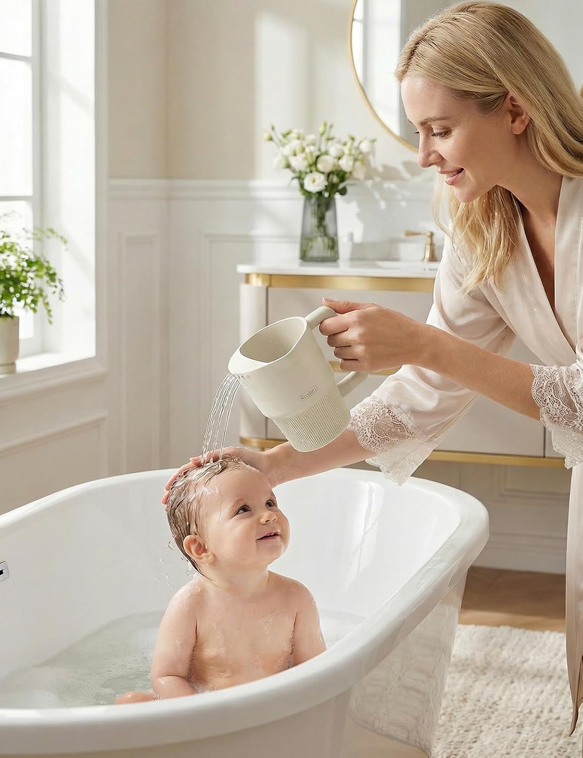 Silicone Baby Bath Rinse Cup - Shampoo & Body Washing Rinser for Kids & Toddlers, Lightweight Bath Cups for Rinsing Hair, Easy-Grip Handle, Ultra Soft Material (Olive Green)