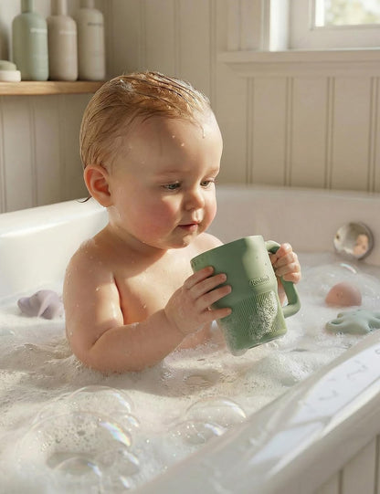 Silicone Baby Bath Rinse Cup - Shampoo & Body Washing Rinser for Kids & Toddlers, Lightweight Bath Cups for Rinsing Hair, Easy-Grip Handle, Ultra Soft Material (Olive Green)