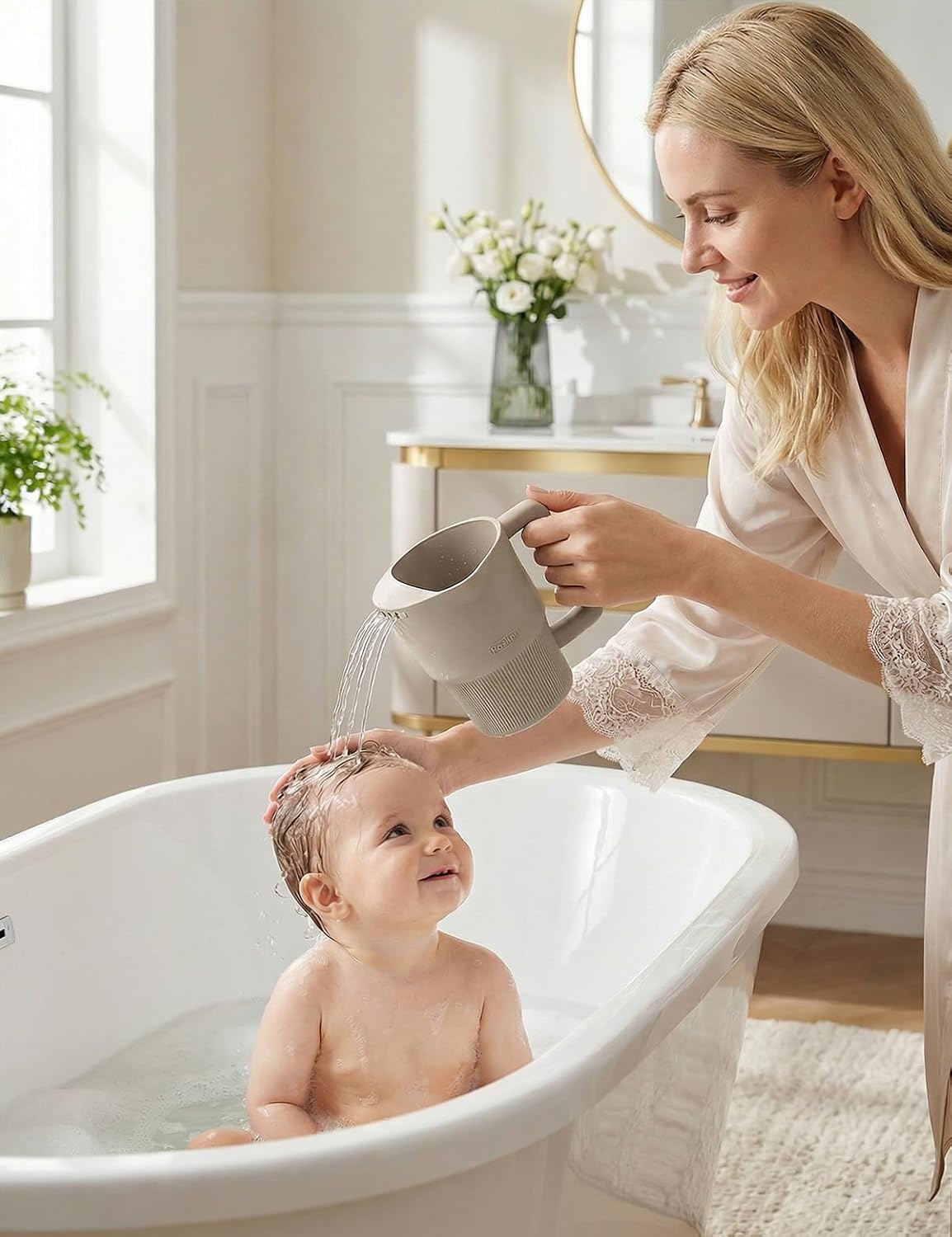 Silicone Baby Bath Rinse Cup - Shampoo & Body Washing Rinser for Kids & Toddlers, Lightweight Bath Cups for Rinsing Hair, Easy-Grip Handle, Ultra Soft Material (Olive Green)