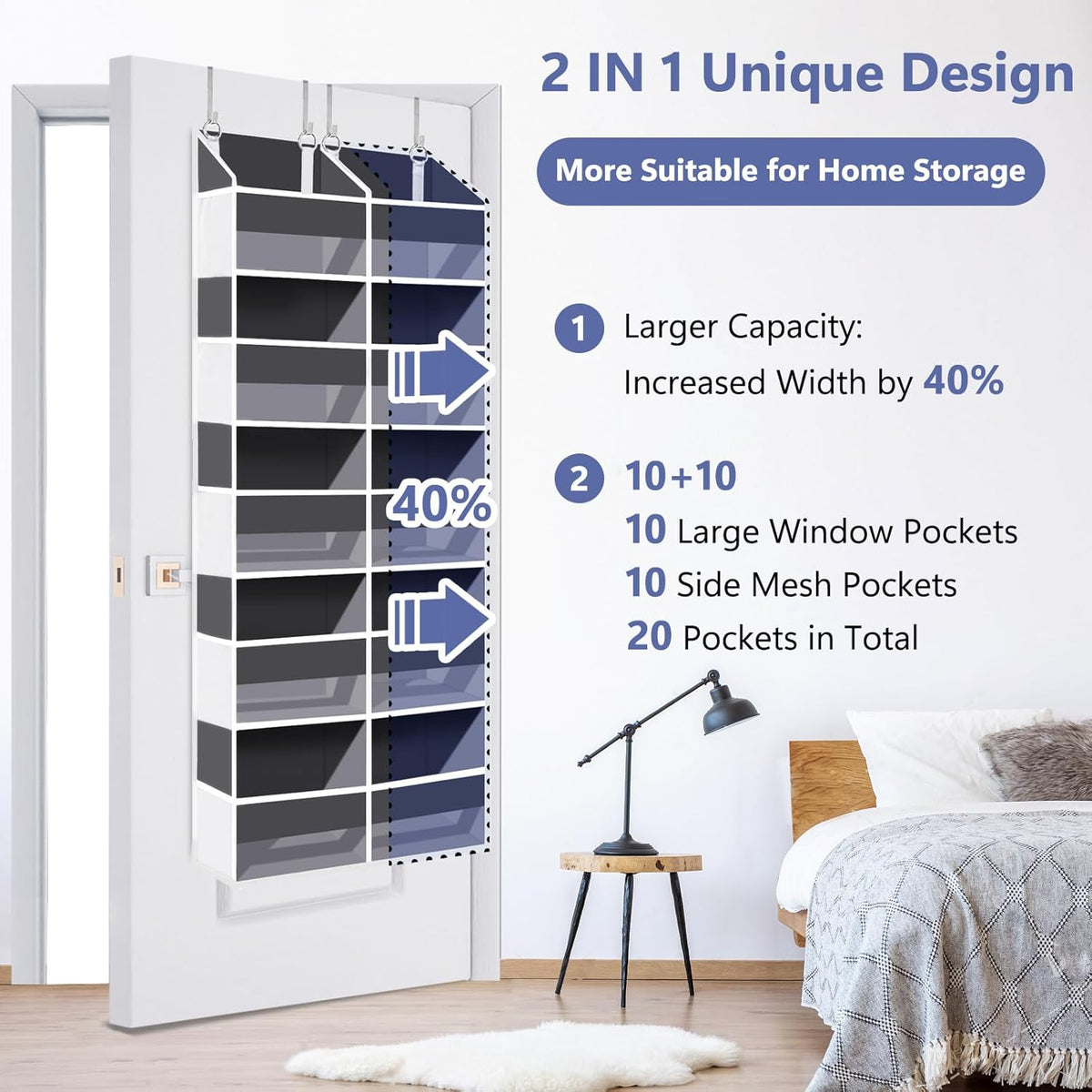 UVIAHOMI 2 Pack - Over The Door Organizer 5 Tiers, Extra Large Behind Door Storage of 10 Big Front & 10 Mesh Pockets, 80lb Weight Capacity, Hanging Doors Storage for Closet Bedroom Nursery, Dark Gray