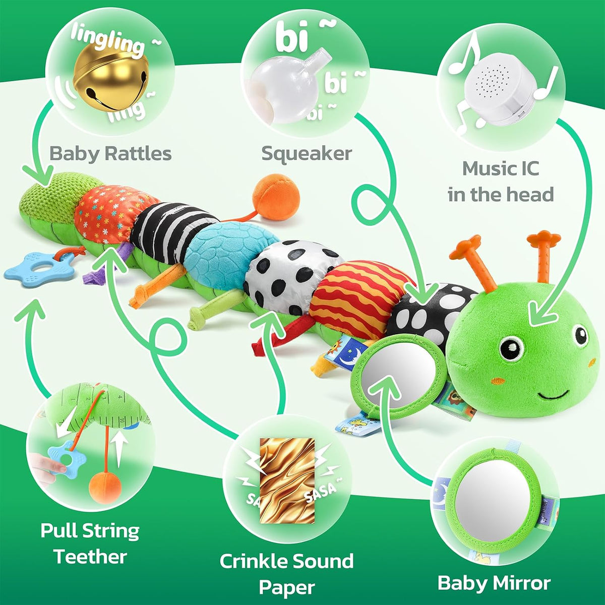 Musical Stuffed Caterpillar Toys with Teether and Baby Mirror