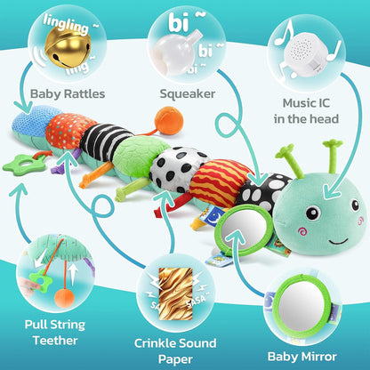 Musical Stuffed Caterpillar Toys with Teether and Baby Mirror