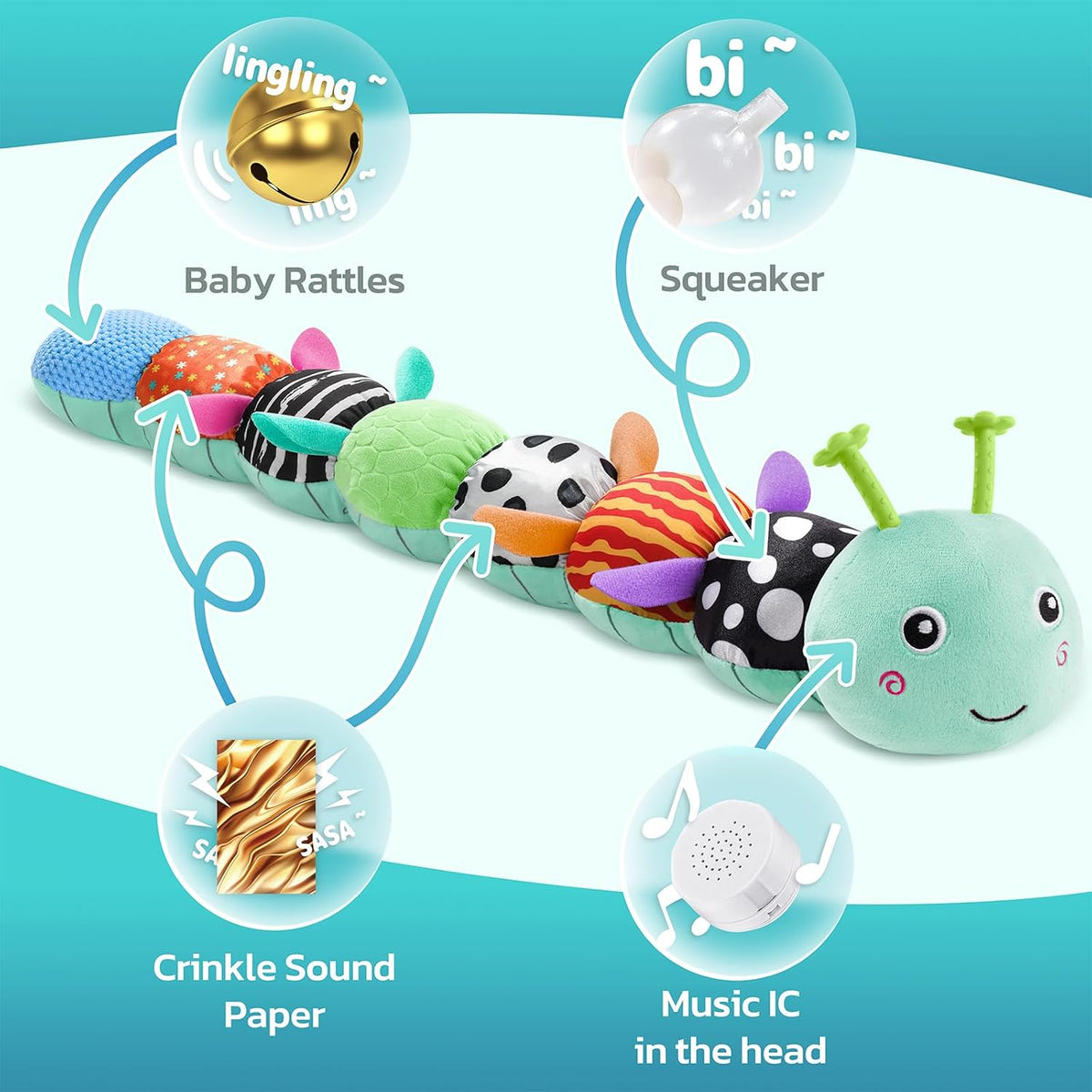 Musical Stuffed Caterpillar Toys with Teether and Baby Mirror