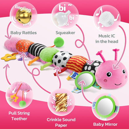 Musical Stuffed Caterpillar Toys with Teether and Baby Mirror