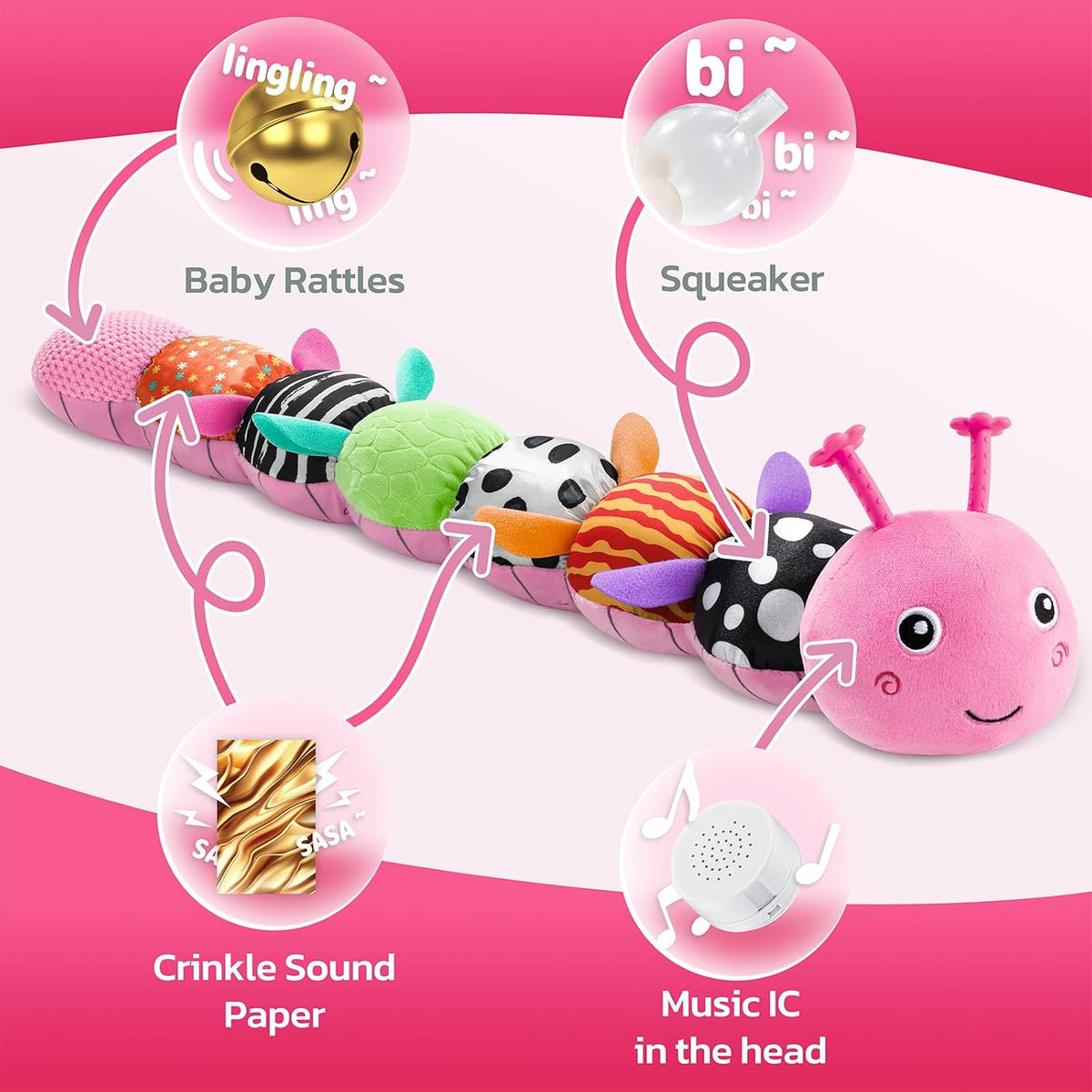 Musical Stuffed Caterpillar Toys with Teether and Baby Mirror