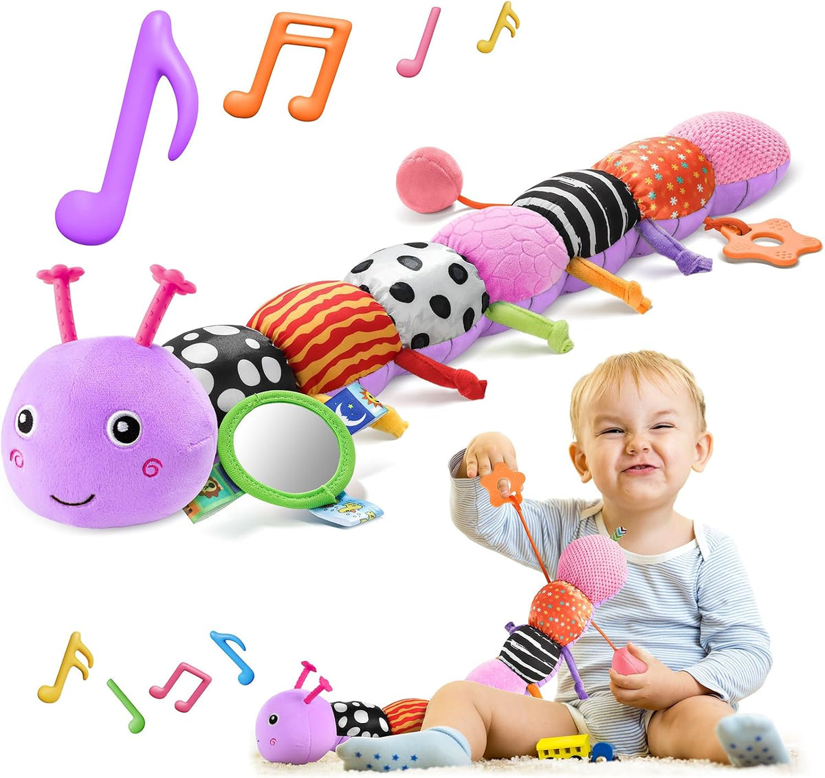 Musical Stuffed Caterpillar Toys with Teether and Baby Mirror