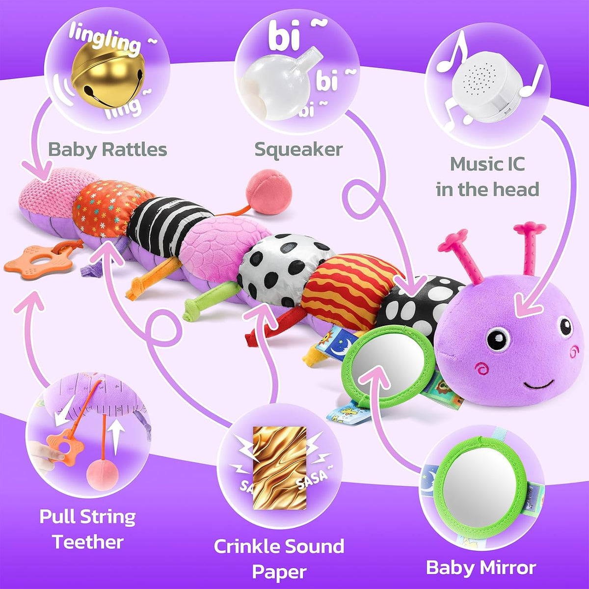 Musical Stuffed Caterpillar Toys with Teether and Baby Mirror
