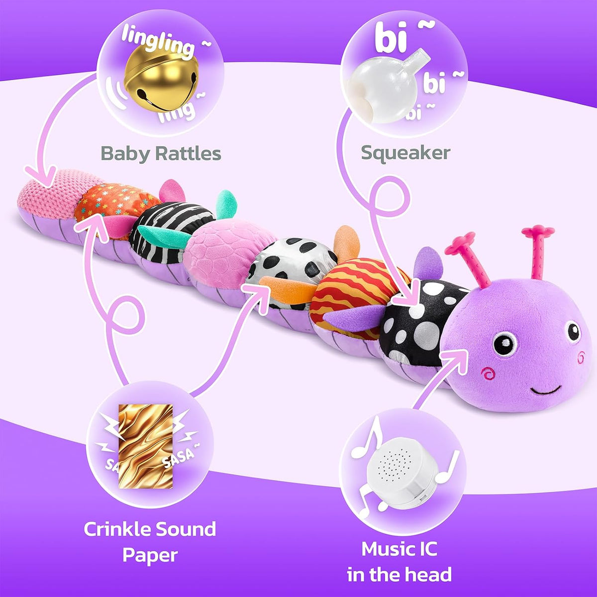 Musical Stuffed Caterpillar Toys with Teether and Baby Mirror