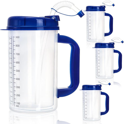 4 Pack Hospital Water Cup with Straw and Lid, 32 OZ Double-Walled Insulated Hospital Mug, Plastic Hospital Drinking Bottle Carafe with Scales for Daily Intake Remind, Kitchen, Bake, Nursing