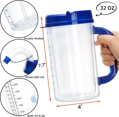 4 Pack Hospital Water Cup with Straw and Lid, 32 OZ Double-Walled Insulated Hospital Mug, Plastic Hospital Drinking Bottle Carafe with Scales for Daily Intake Remind, Kitchen, Bake, Nursing