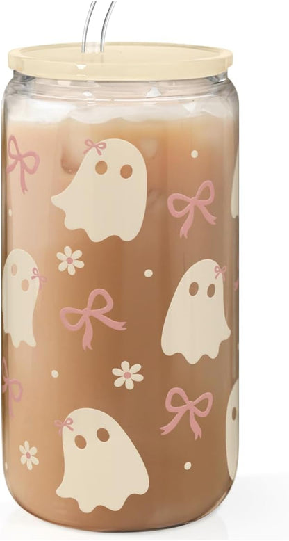 Christian 16oz Can Glass Tumbler with Acrylic Lid & Straw, Iced Coffee Cup for Women Girls, Aesthetic Cups Gifts for Birthday Christmas