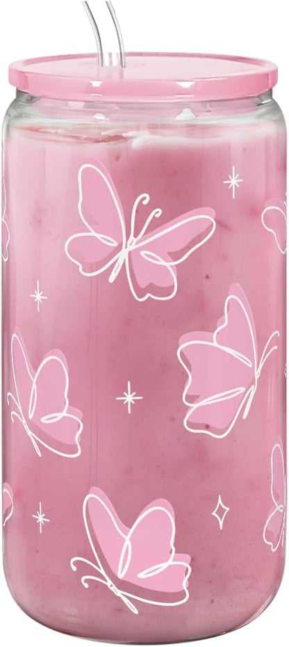 Christian 16oz Can Glass Tumbler with Acrylic Lid & Straw, Iced Coffee Cup for Women Girls, Aesthetic Cups Gifts for Birthday Christmas